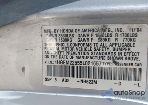 2005 Honda Civic Lx z USA, uszkodzony, nr VIN 1HGEM22555L021657